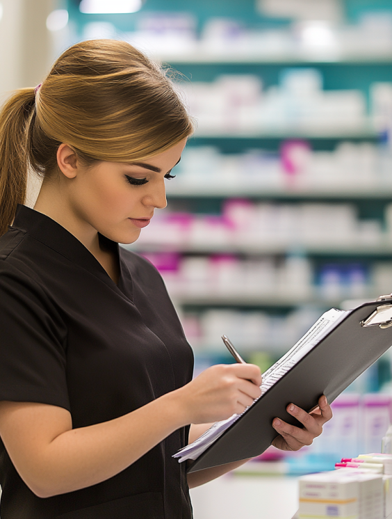 Chloe using a clipboard in a pharmacy