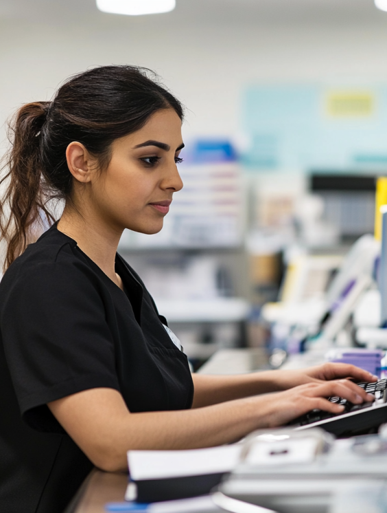Halima working in a pharmacy at a computer