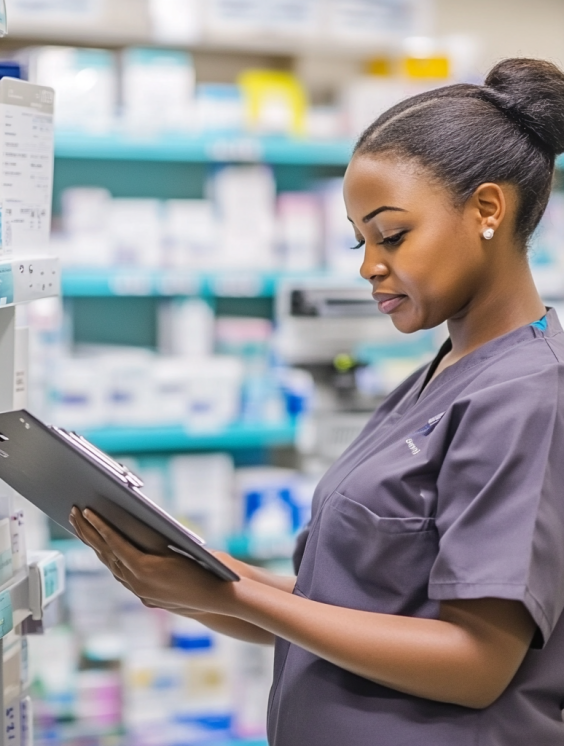 Ifeoma working in a pharmacy using a clipboard