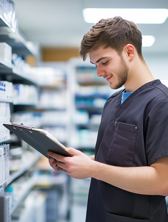 Image of man in a pharmacy holding a clipboard